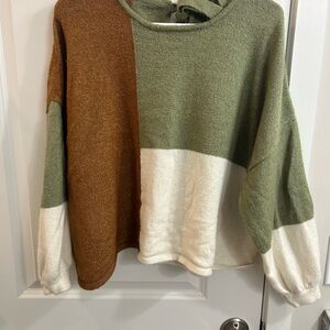 Color Block Sweater - Green, Brown, and White
